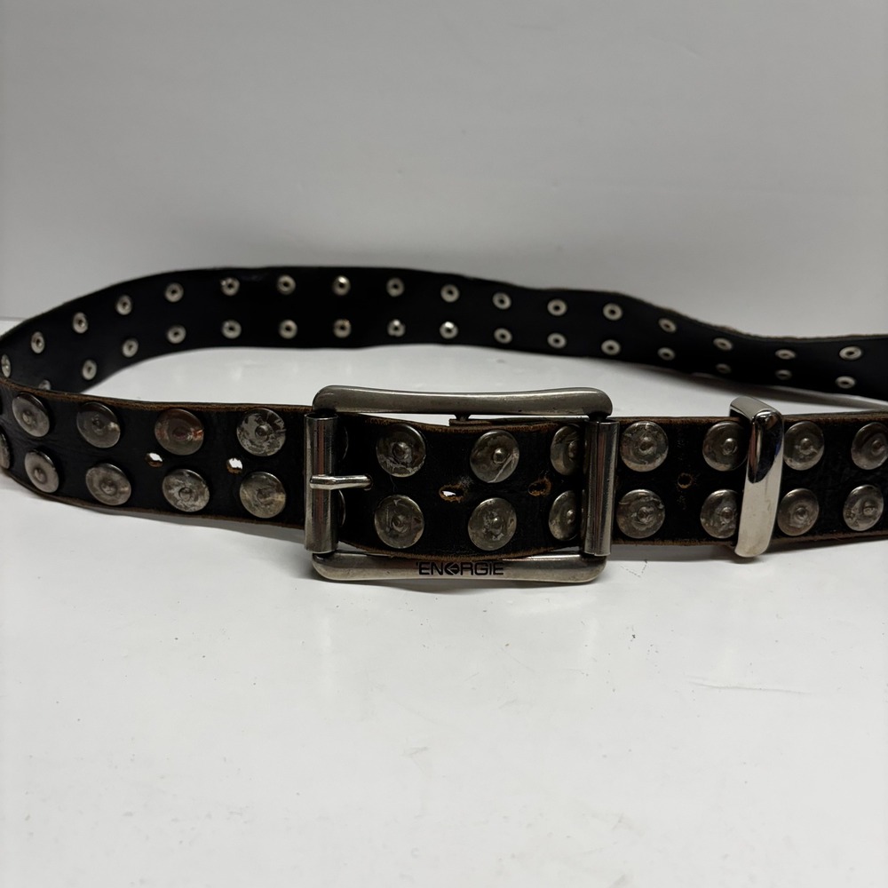 Energie Mens Black Studded Leather Belt 34 Made in Italy Punk Rock Distress Y2k